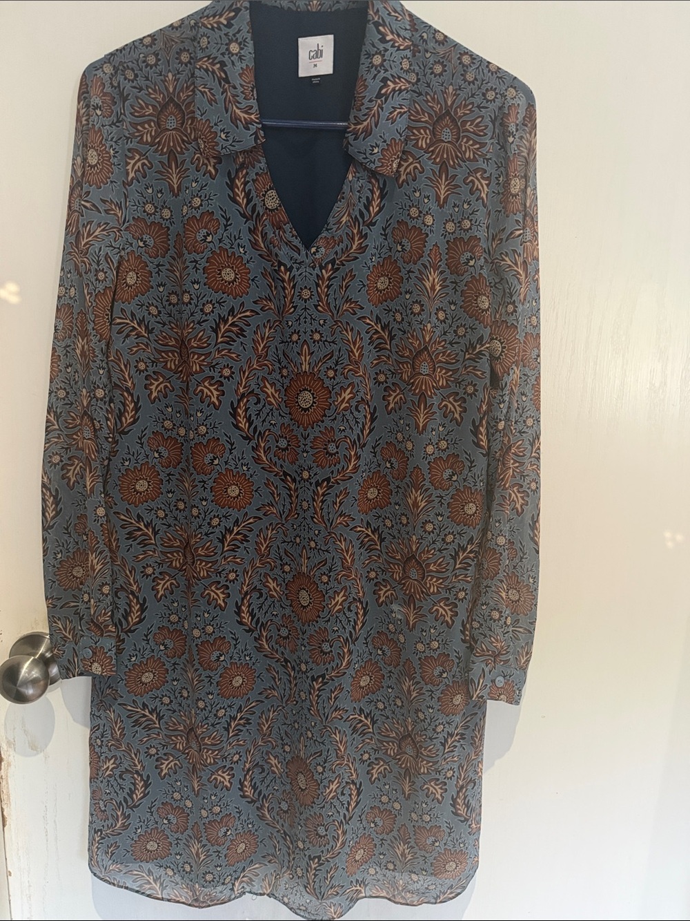 CAbi Women's sz. M Provincial Boho Collared Shift Moody Floral Dress Dusty Blue